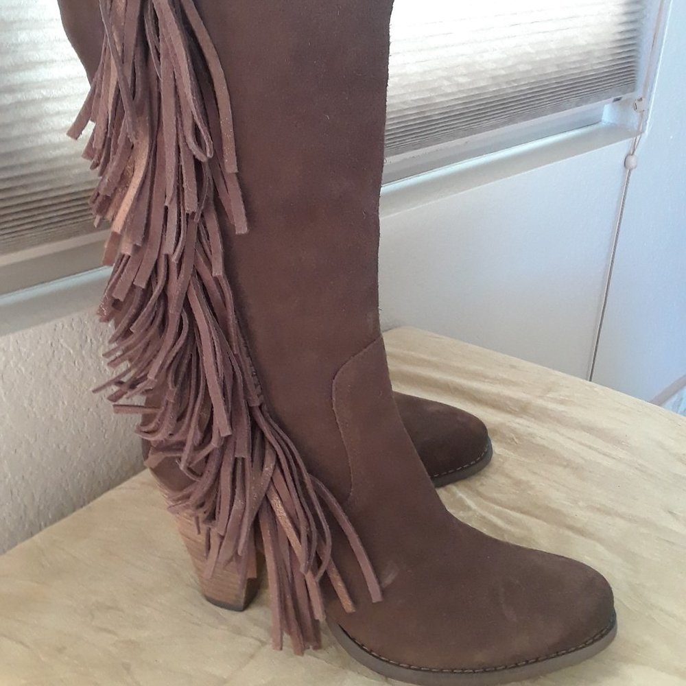 Brown Leather Suede Boots w/Fringe - By Reba 8.5